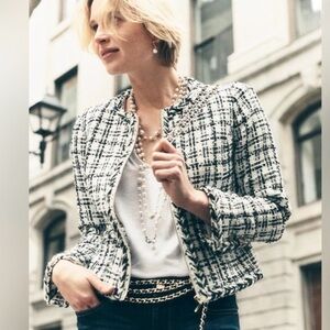 White House Black Market WHBM Braided Trim Tweed Jacket Black & White 12 NWOT